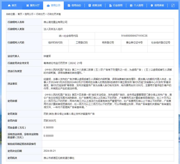 佛山港龙置业有限公司被罚款3600元