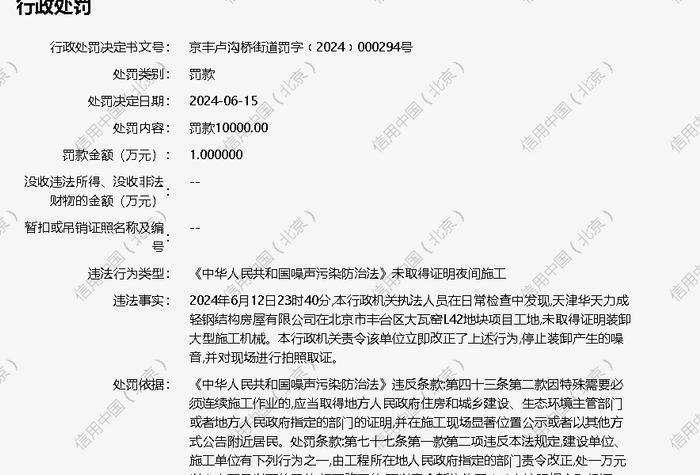 天津华天力成轻钢结构房屋有限公司被罚款10000元