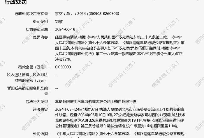 中外运久凌储运有限公司北京分公司被罚款0.05万元