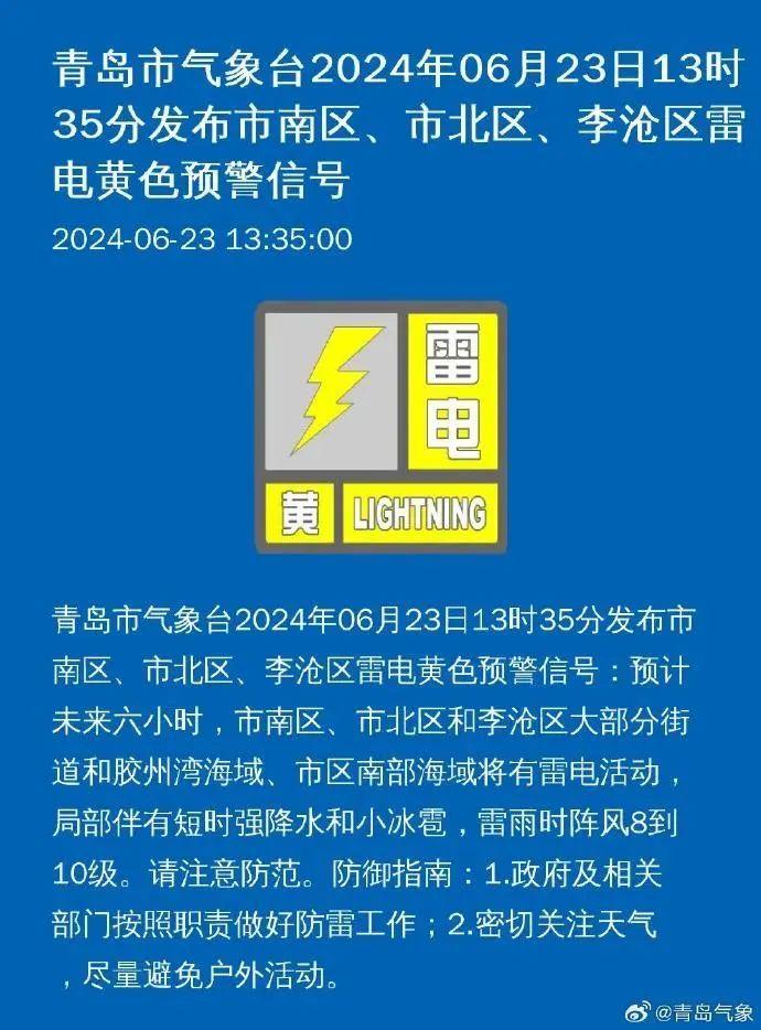 雷电黄色预警 ! 青岛最新天气→