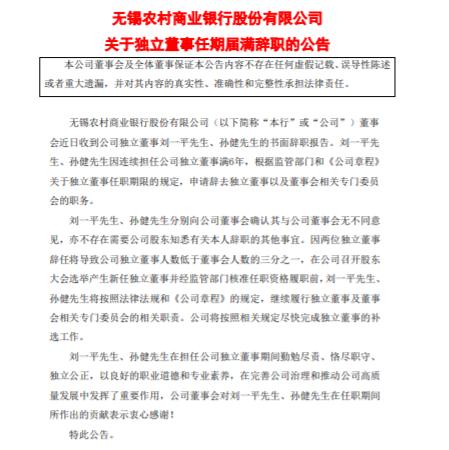 无锡农商行：因连续担任公司独立董事满6年，刘一平、孙健申请辞任