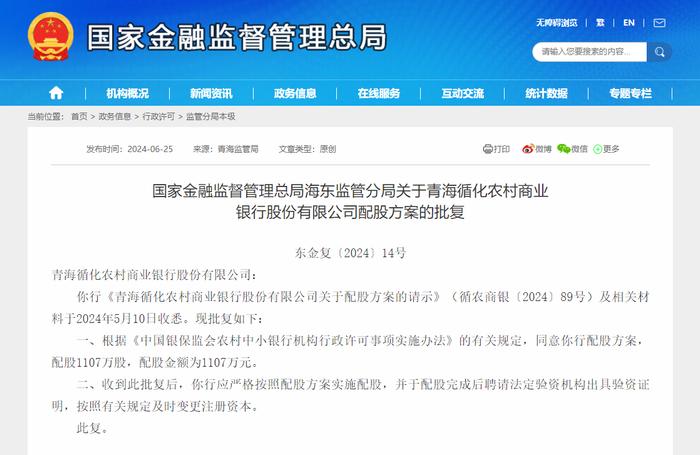 青海循化农商行1107万配股方案获批 2023年不良贷款率高达4.51%，资本充足率12.75%