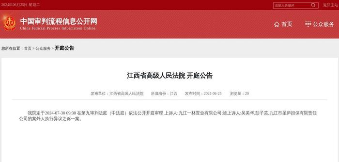 九江市圣庐担保有限责任公司因案外人执行异议之诉案件被告，2024年7月30日在江西省高级人民法院开庭