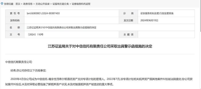 事涉ABS业务信披问题，中信信托被江苏证监局出具警示函