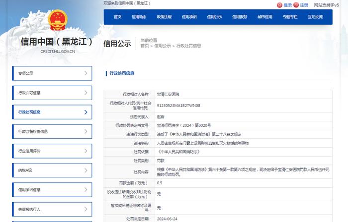 宝清仁安医院被罚款5000元