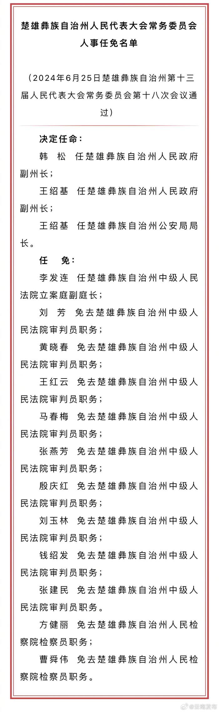 楚雄州人大常委会通过人事任免名单