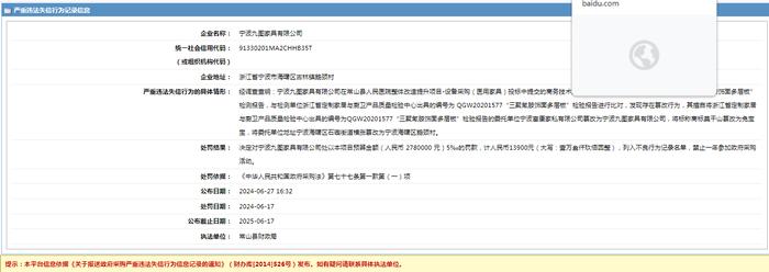 宁波九图家具有限公司采购失信，被罚13900元