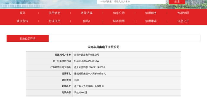 云南丰昌鑫电子有限公司被罚款45000元