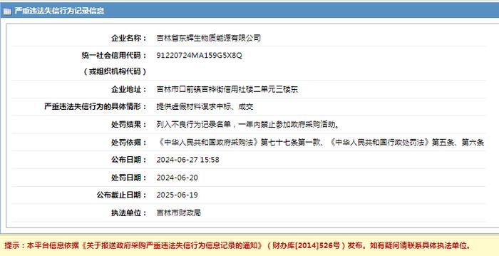 吉林省东辉生物质能源有限公司采购失信