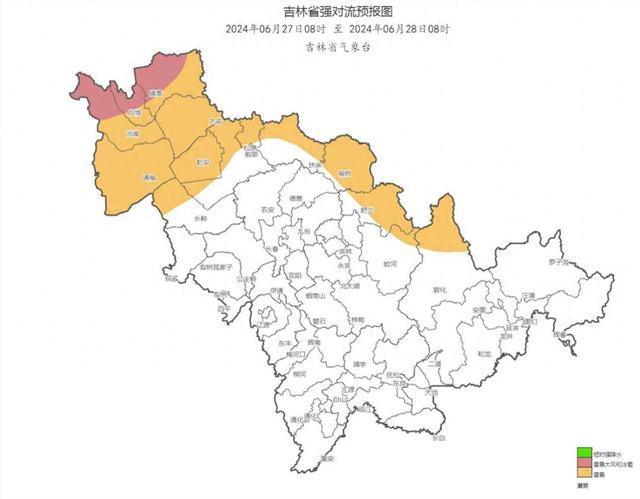 6月27日，白城、松原北部、长春东北部、吉林市东北部、延边州西北部有雷电天气