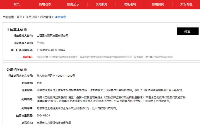 山西建大建筑集团有限公司被罚款15000元