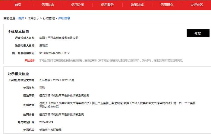 山西壬平汽车销售服务有限公司被罚款