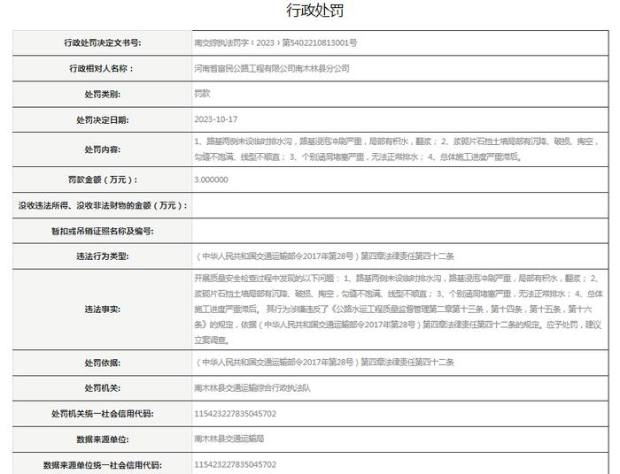 河南省富民公路工程有限公司南木林县分公司被罚款3万元