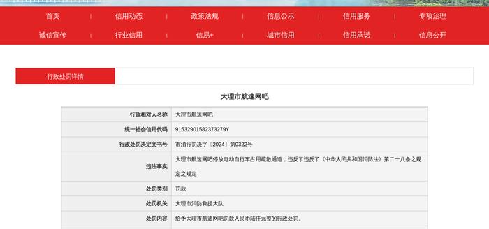 大理市航速网吧被罚款6000元