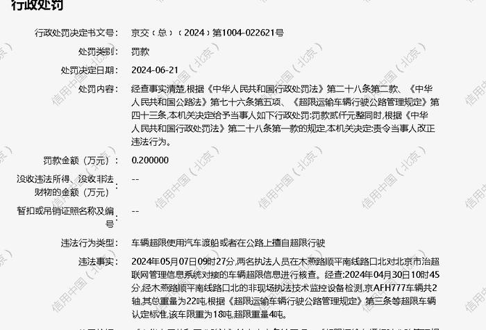 北京厚盛利邦科贸有限公司被罚款0.2万元