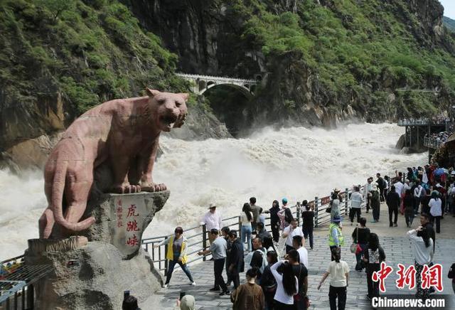 云南香格里拉虎跳峡景区江水澎湃吸引游客