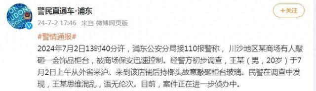 上海浦东警方通报：川沙地区某商场有人敲砸一金饰品柜台，被保安迅速控制