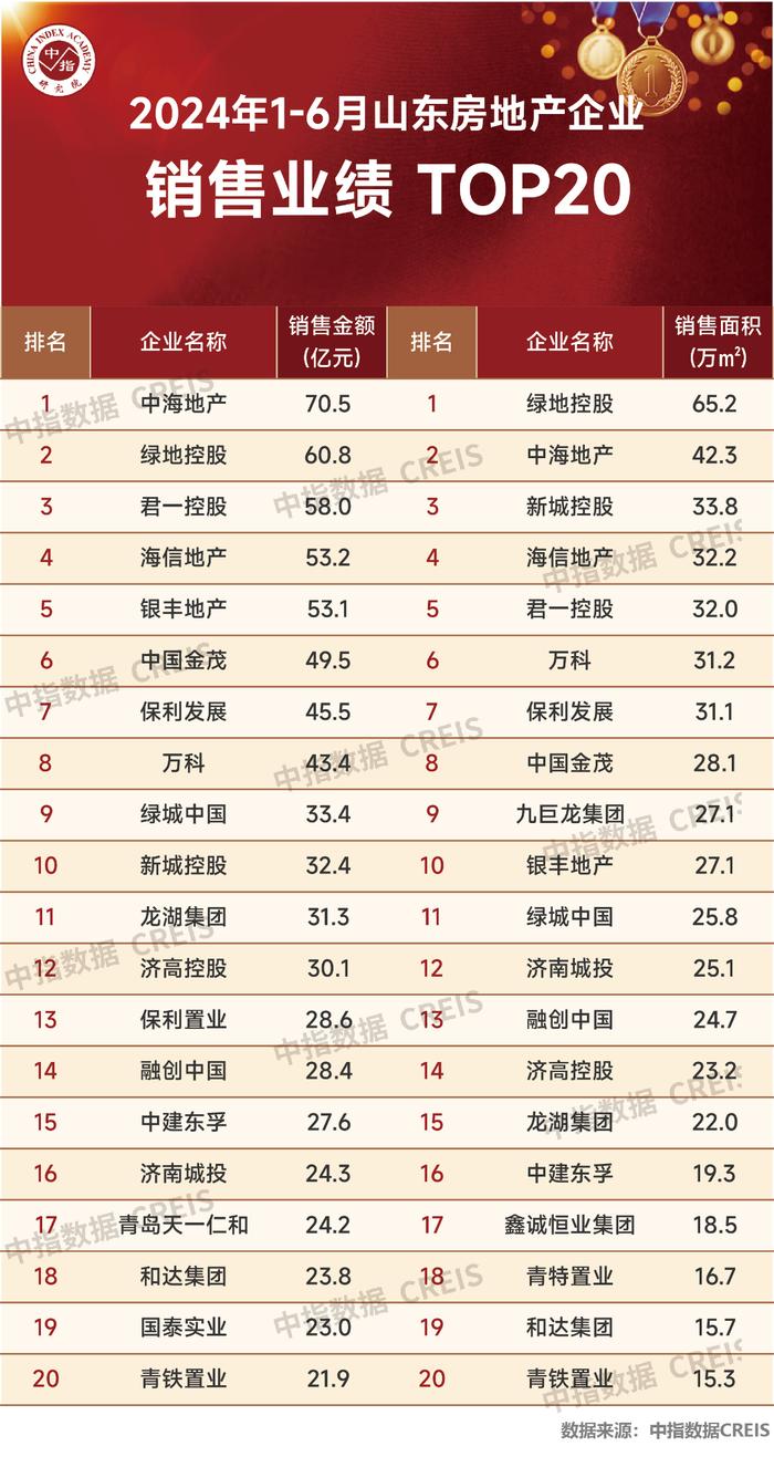 2024年1-6月山东房地产企业销售业绩TOP20