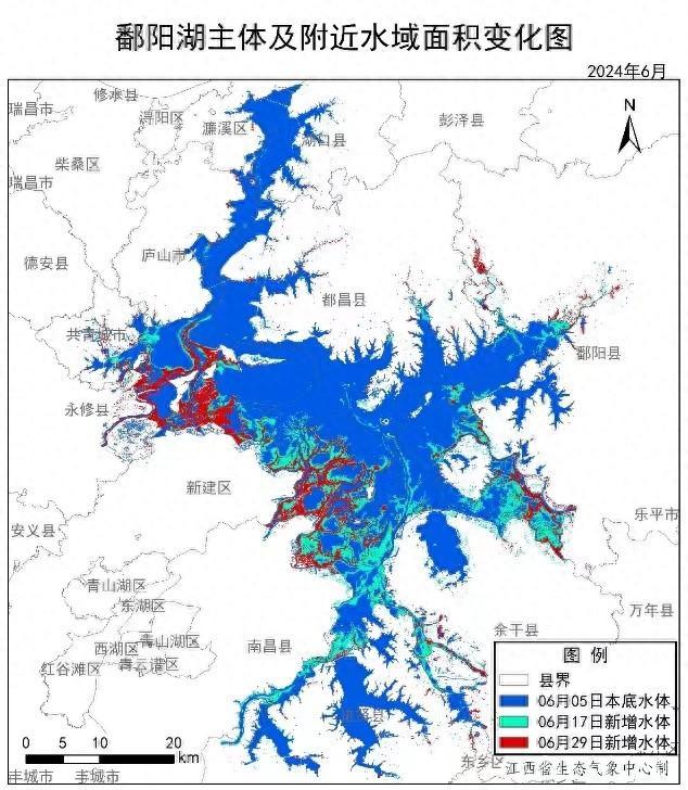 鄱阳湖水体面积迅速增大，卫星显示江西多地出现大面积洪涝