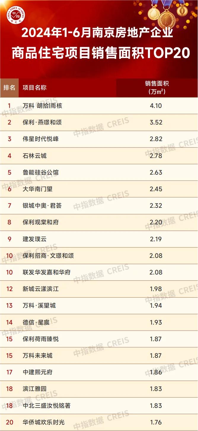 2024年1-6月南京房地产企业销售业绩TOP20