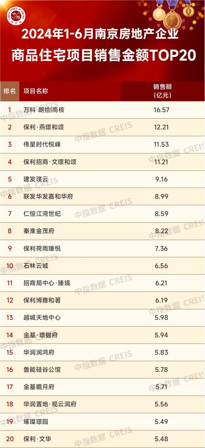 2024年1-6月南京房地产企业销售业绩TOP20