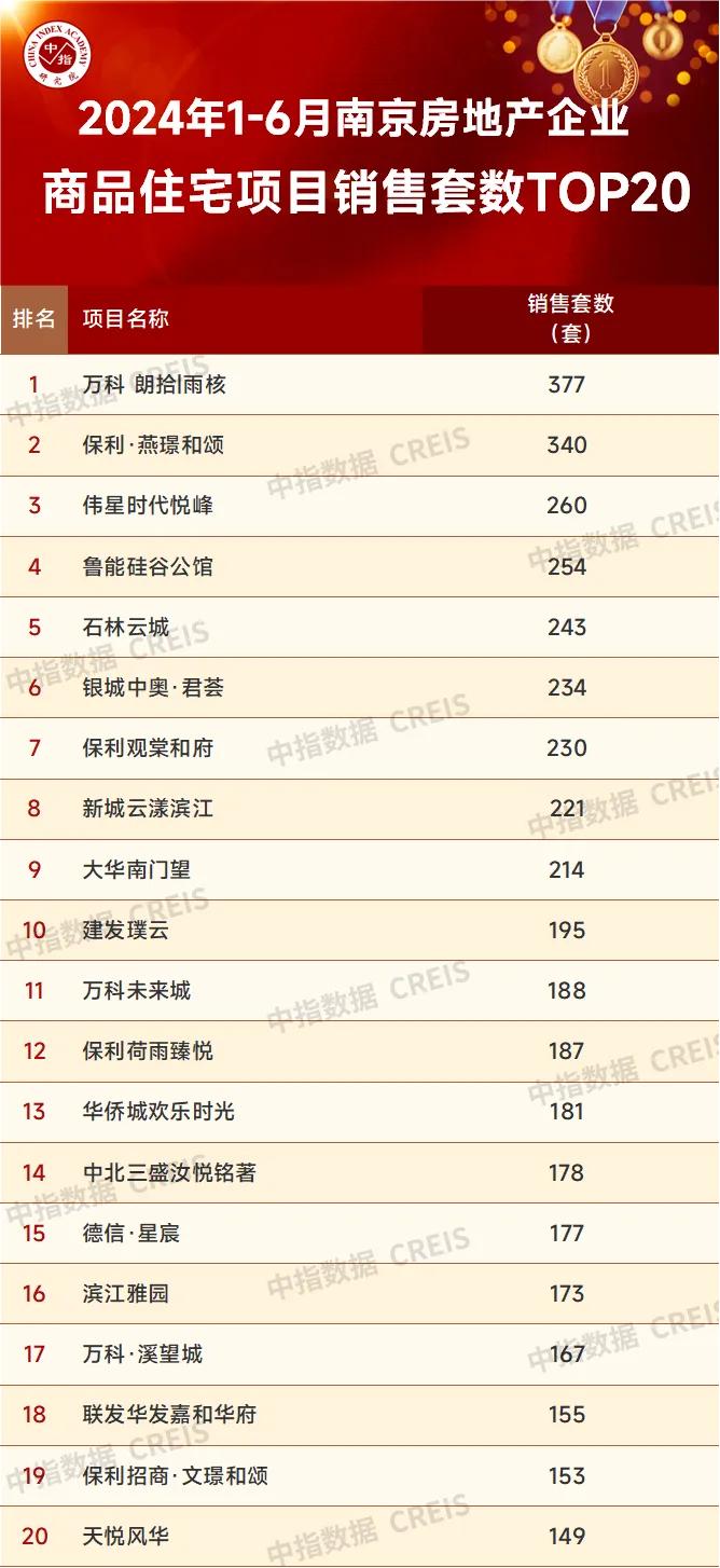 2024年1-6月南京房地产企业销售业绩TOP20