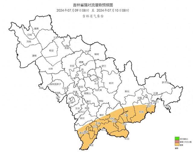 7月9日通化南部、白山南部、延边州南部、长白山保护区有雷电天气