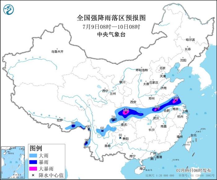 暴雨黄色预警：四川、湖北、河南、江苏等地部分地区有大暴雨