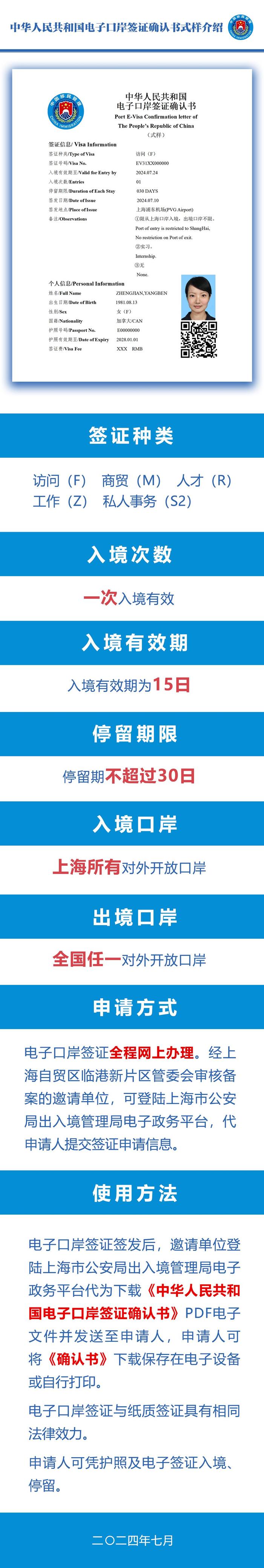 上海签发中国首张电子口岸签证：一次入境有效，停留期不超30日