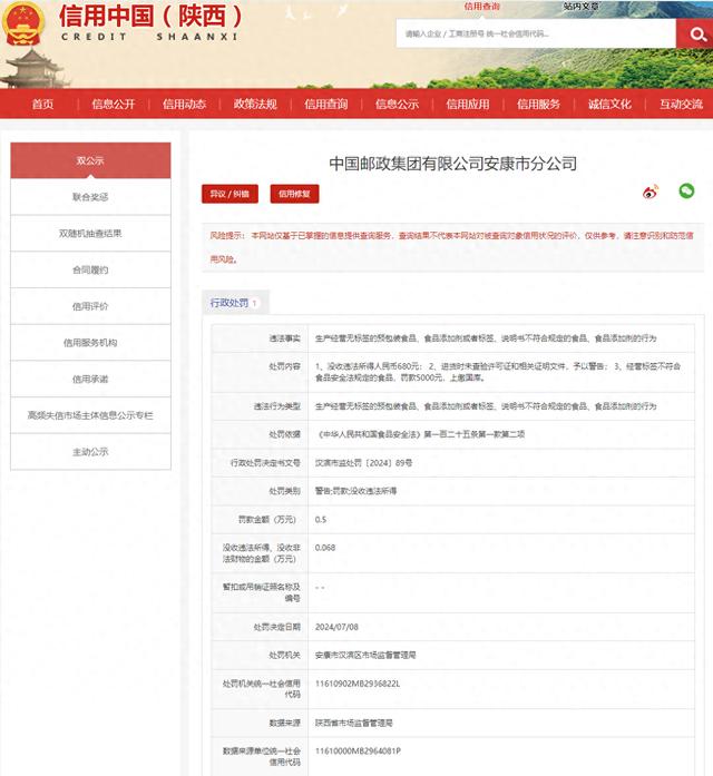 经营标签不符合规定食品，中国邮政安康市分公司被罚5000元