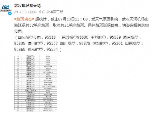 武汉机场：受天气原因影响，截止11时取消21架次航班