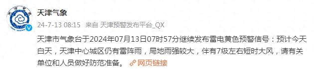 雷电+暴雨+大风！天津最新预警，这些地方雨很大