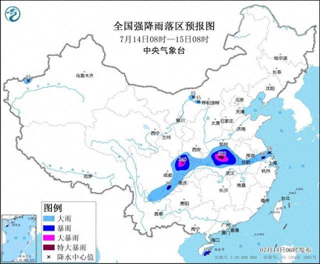 中央气象台7月14日06时继续发布暴雨黄色预警