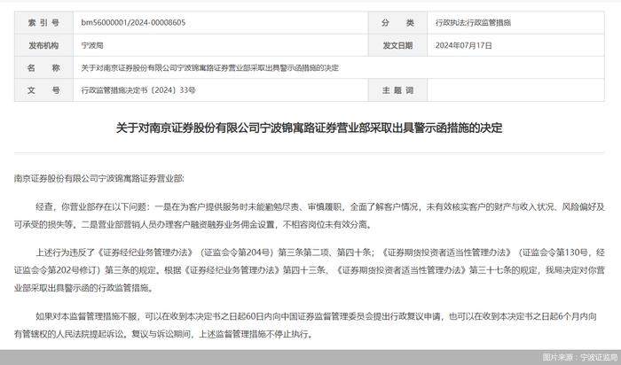 因存在提供服务时未能勤勉尽责等问题，南京证券一营业部被监管出具警示函