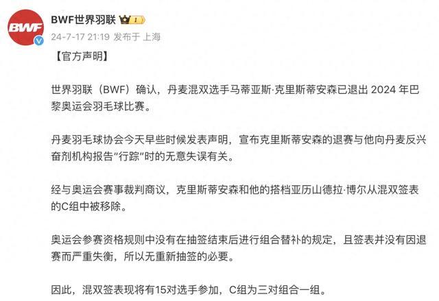 丹麦羽毛球协会：因违反兴奋剂规定，马蒂亚斯·克里斯蒂安森主动退出巴黎奥运会