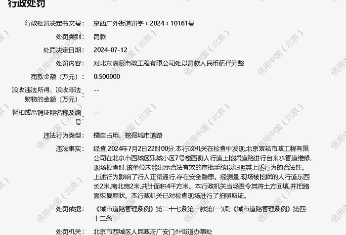 北京宸菘市政工程有限公司被罚款 0.5 万元(图1)