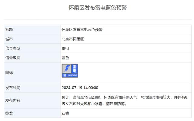 北京三区发布雷电预警！短时雨强较大，伴有8级大风、小冰雹