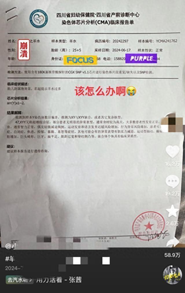 羊水穿刺报告。图/当事人社交账号