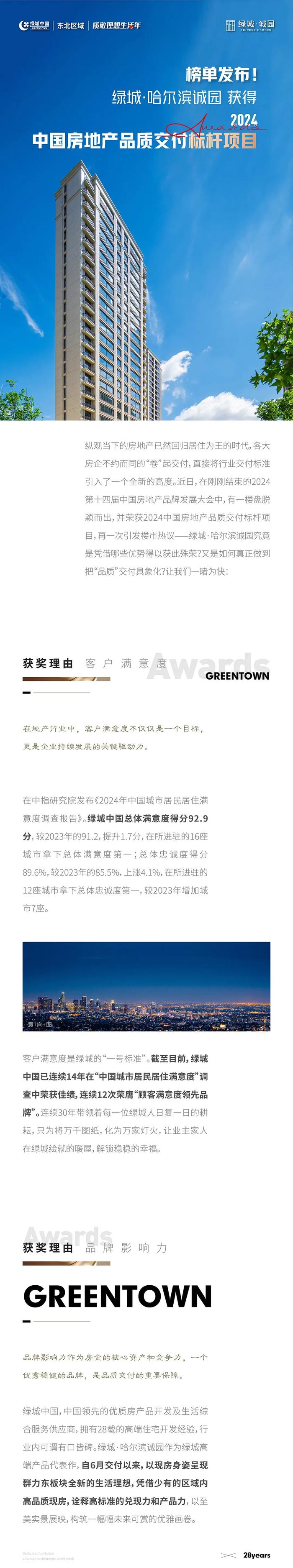 榜单发布！绿城·哈尔滨诚园2024中国房地产品质交付标杆项目