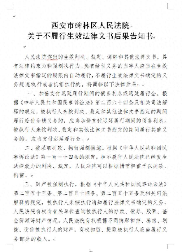 助力执源治理，构筑诚信社会——西安碑林法院首次随案发出《关于不履行生效法律文书后果告知书》