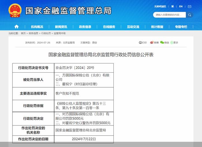 因客户告知不规范，方圆国际保险公估合计被罚款1万元