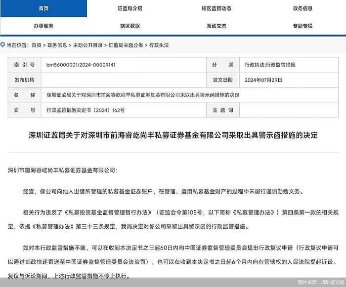 因向他人出借所管理的私募账户 睿屹尚丰私募被监管出具警示函