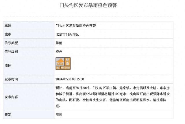 暴雨预警升级为橙色！北京门头沟这6个镇街6小时降雨量将超过100毫米
