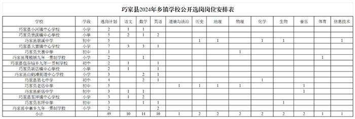 昭通巧家2024年乡镇学校公开选岗通告