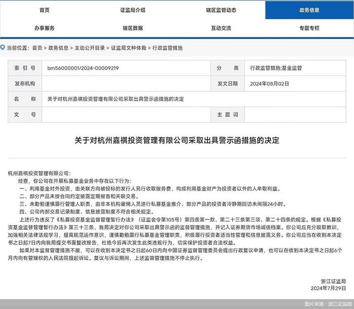 因存在信披制度不符合规定等问题，嘉祺投资及总经理被监管出具警示函