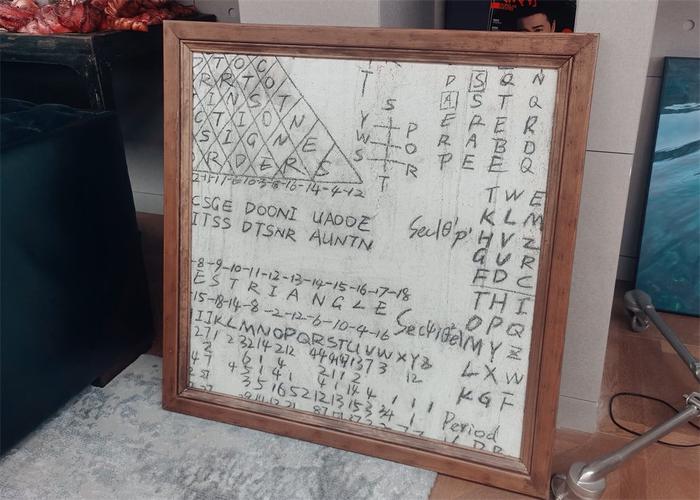 陈思诚办公室内的新藏品:《解密》杀青后,容金珍在墙壁上演算的一块墙皮,被装裱了起来。澎湃新闻记者 王诤 图