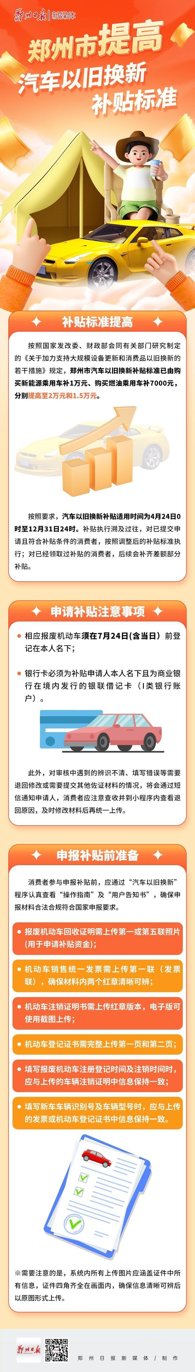 郑州提高汽车以旧换新补贴标准，细则来了