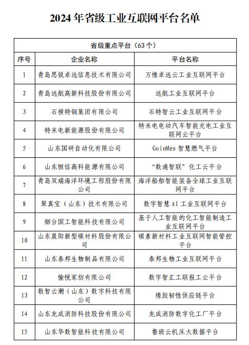 63+41！山东2024年省级工业互联网平台名单公示