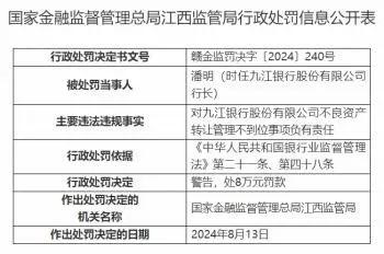 九江银行被罚50万元，时任银行行长被警告罚款