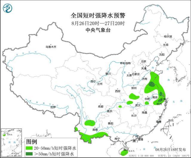 中央气象台8月26日18时继续发布强对流天气黄色预警